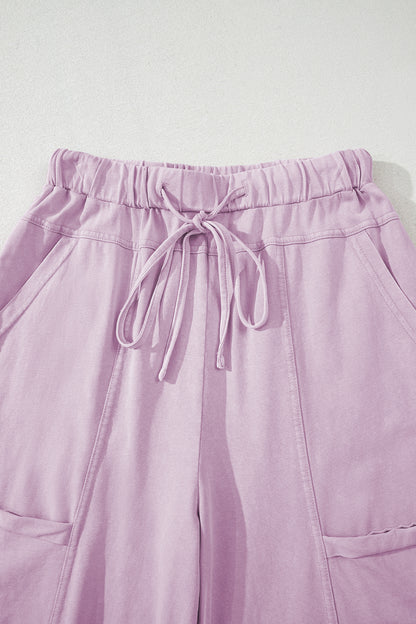 Pink Mineral Wash Exposed Seam Drawstring High Waist Wide Leg Cargo Pants