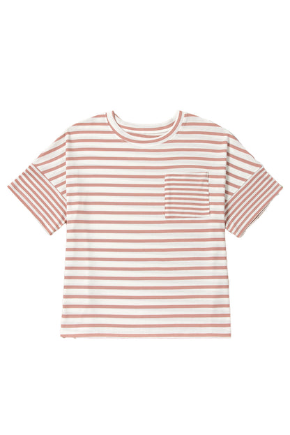 Pink Stripe Waffle Knit Pocketed Half Sleeve Plus Size T Shirt