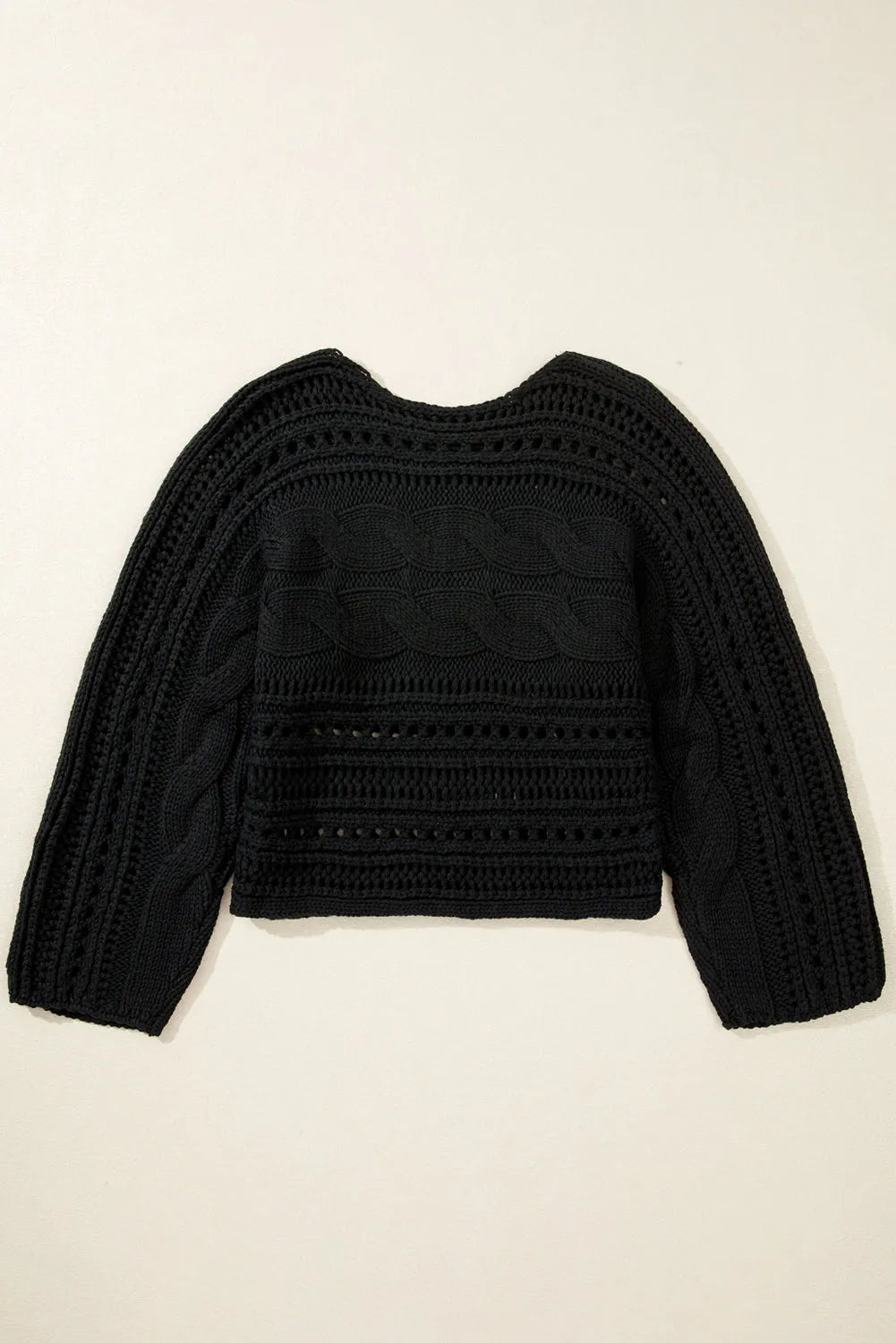 Black Hollow-out Cable Knit Cropped Sweater - Chic Meadow Boutique 