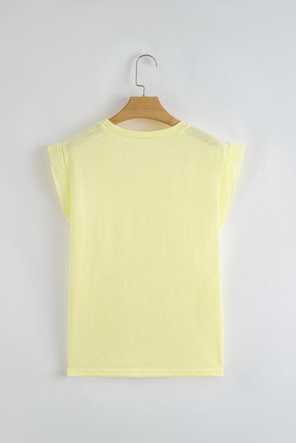 Yellow Cream Lace Patchwork Cap Sleeve Round Neck T Shirt