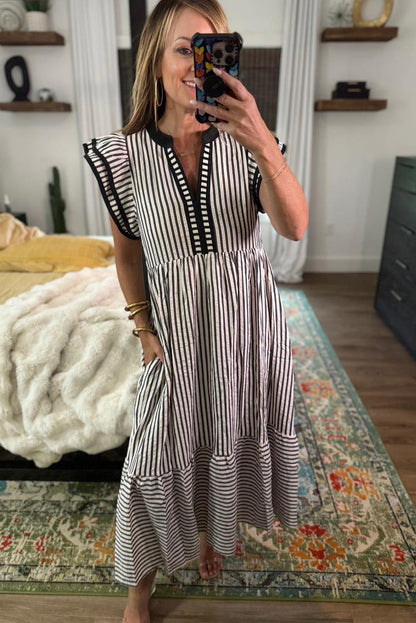 Black Stripe Double Ruffled Short Sleeve Contrast Trim V Neck Midi Dress