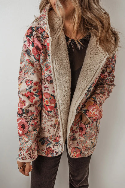 Beige Vintage Paisley Floral Printed Sherpa Lined Hooded Jacket - Chic Meadow Boutique 