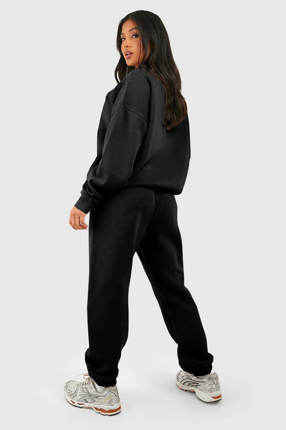 Black Plain Half Zip V Neck Ribbed Edge Loose Tracksuit - Chic Meadow Boutique 