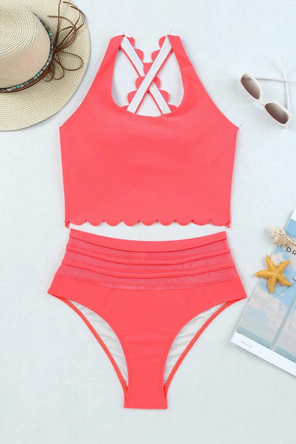 Swimwear/High Waisted Swimsuit Pink Scalloped Criss Cross High Waist Bikini