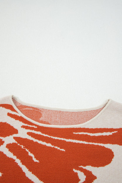 Beige Bold Flower Pattern Wide Sleeve Baggy Sweater