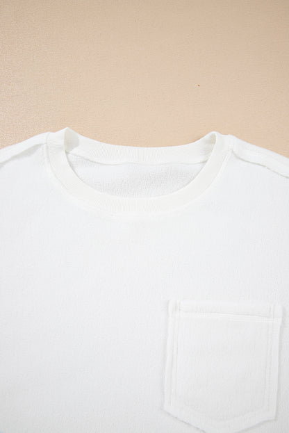 White Exposed Seam Chest Pocket Knit Pullover Sweatshirt