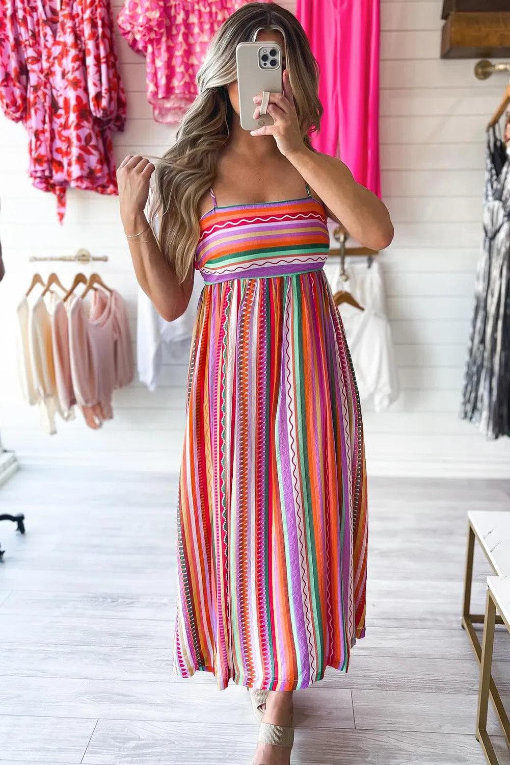 Dresses/Maxi Dresses Multicolour Striped Thin Straps Smocked Back Boho Maxi Dress