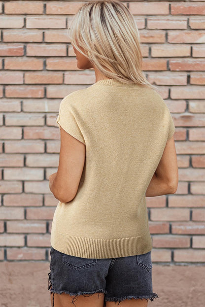 Tops/Short Sleeve Sweaters Parchment Solid Color Ribbed Trim Short Sleeve Sweater