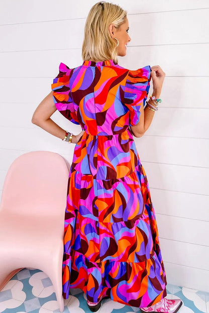 Plus Size/Plus Size Dresses/Plus Size Maxi Dresses Multicolour Plus Abstract Print Ruffled Mock Neck Tiered Maxi Dress