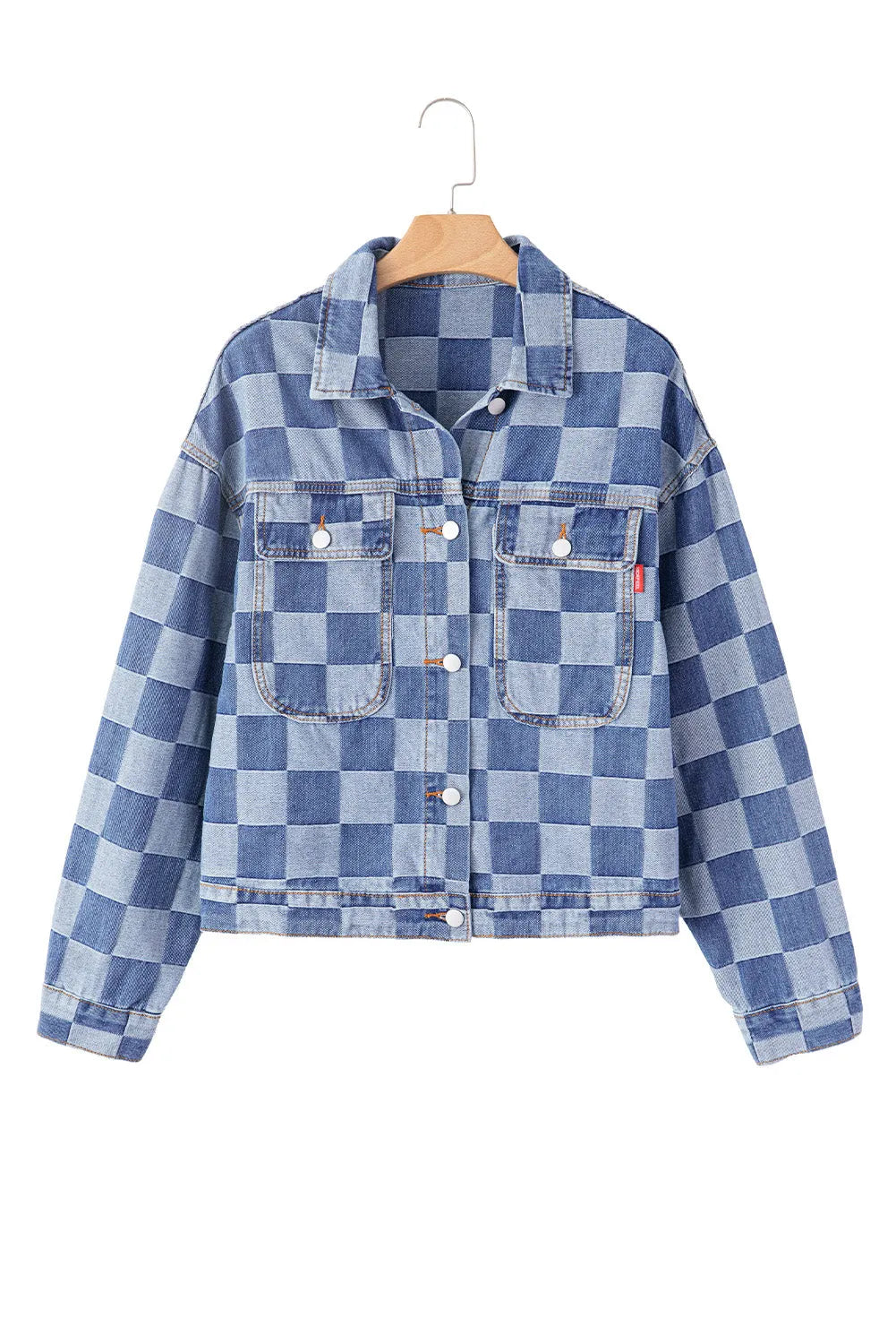 Light Blue Checkered Patchwork Button up Denim Jacket - Chic Meadow Boutique 