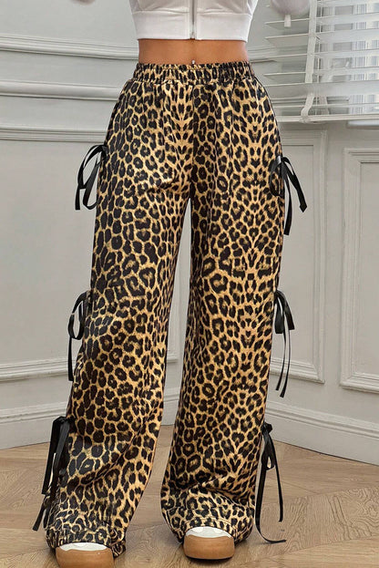 Brown Leopard Print Bow Tie Drawstring Elastic Waist Loose High Waist Pants