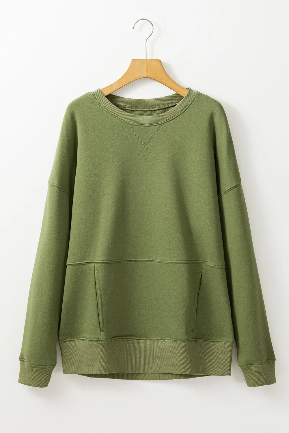 Vineyard Green Drop Shoulder Crisscross Stitching Pocketed Loose Sweatshirt - Chic Meadow Boutique 