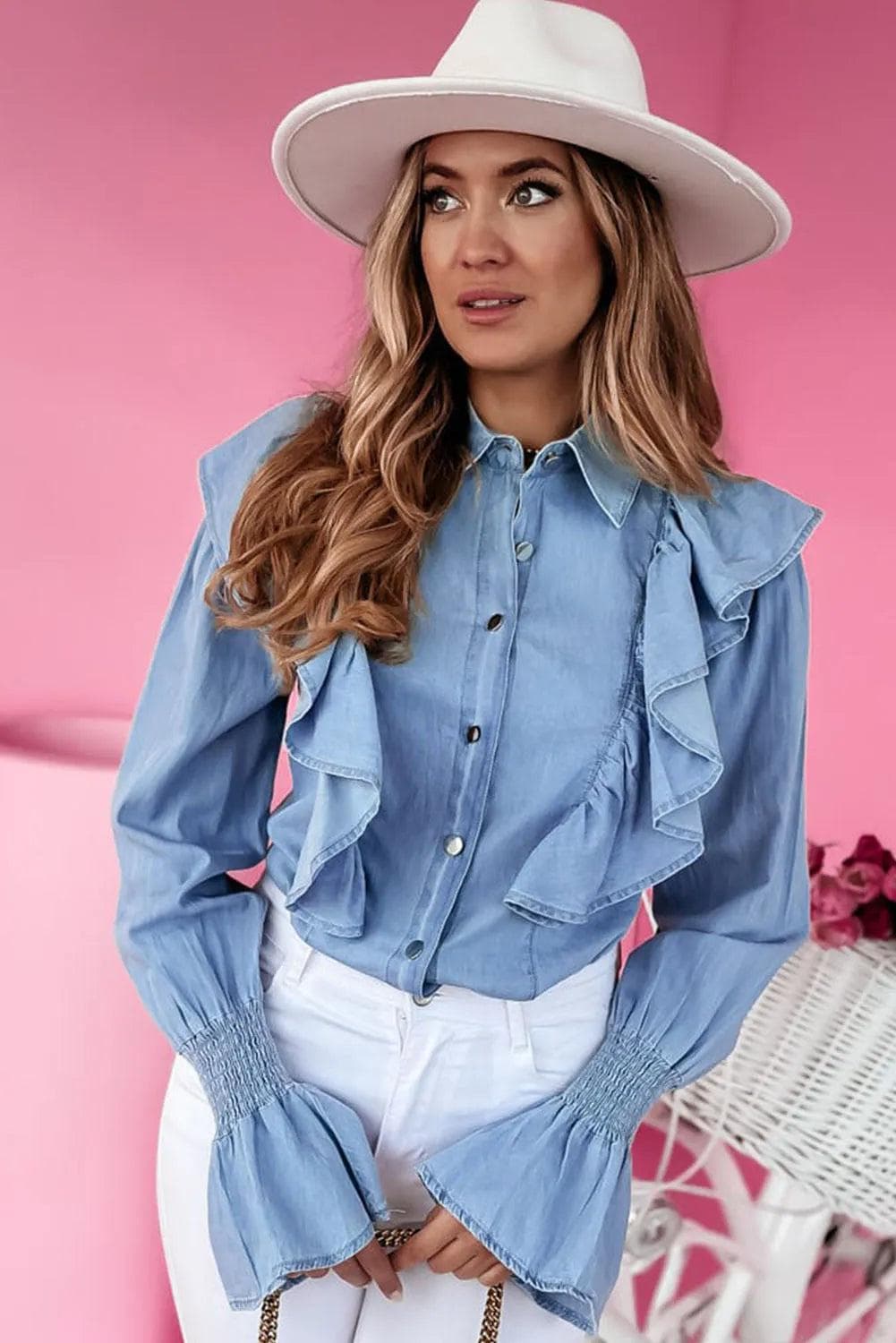 Tops/Blouses & Shirts Myosotis Ruffled Shirred Cuffs Button up Chambray Shirt