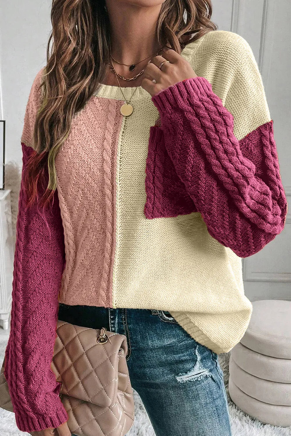 Rose Tan Colorblock Patched Pocket Drop Shoulder Sweater - Chic Meadow Boutique 