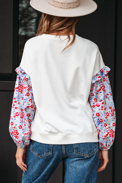 White Floral Ruffled Balloon Sleeve Patchwork Loose Blouse