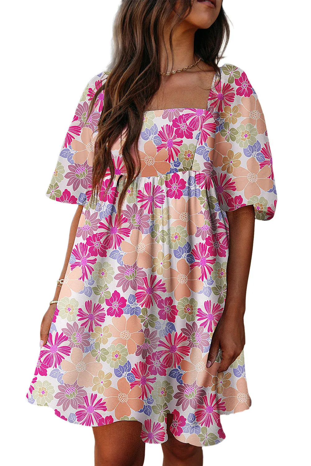 Rose Summer Floral Square Neck Puff Sleeve Babydoll Dress - Chic Meadow Boutique 