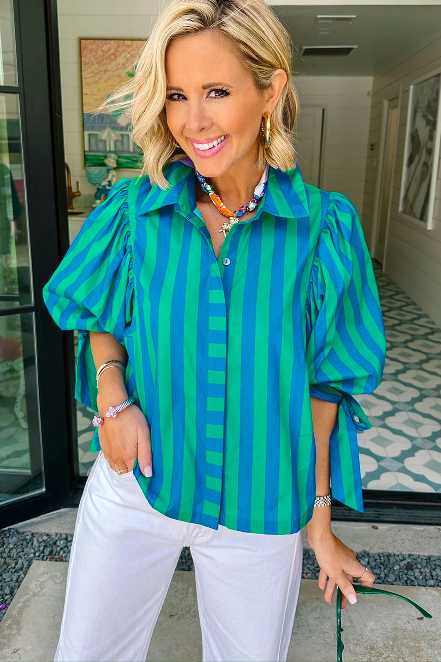 Blue Stripe Tie Puff Sleeve Womens Button Down Shirt