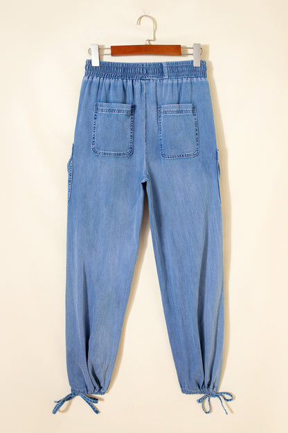 Beau Blue Drawstring Elastic Waist Pocketed Loose Denim Pants