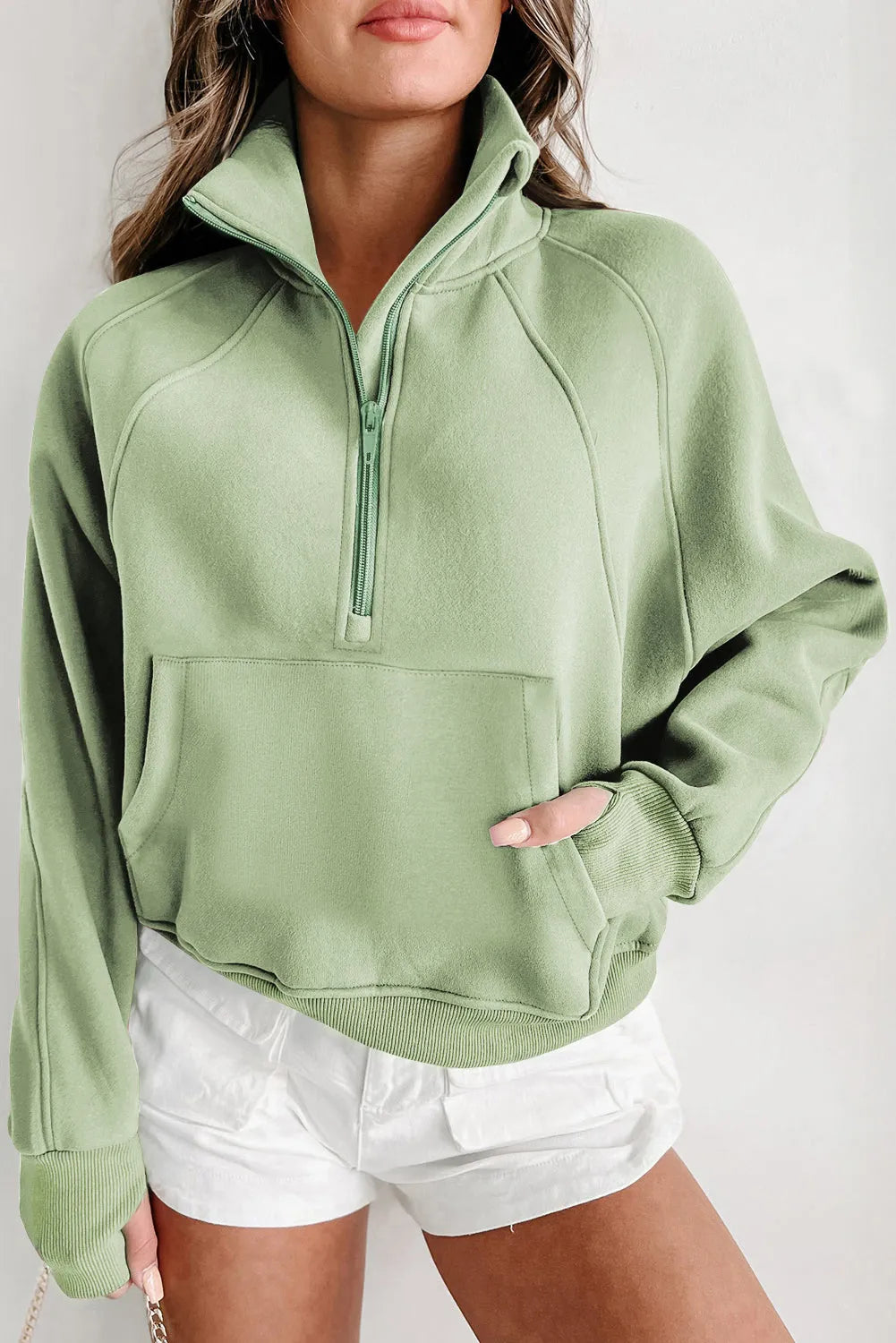 Smoke Green Fleece Lined Zip Up Stand Collar Thumbhole Sleeve Sweatshirt - Chic Meadow Boutique 