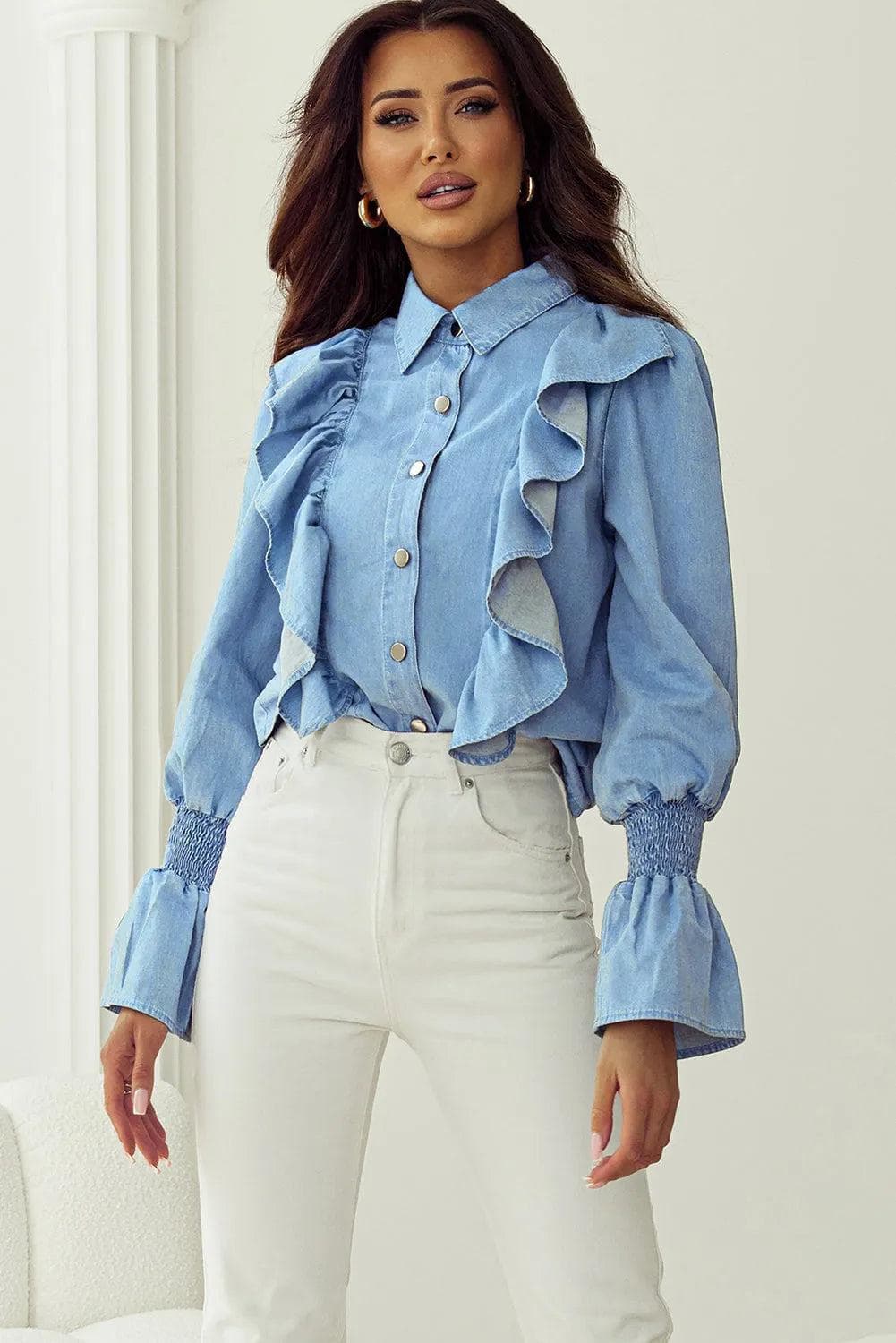 Tops/Blouses & Shirts Myosotis Ruffled Shirred Cuffs Button up Chambray Shirt