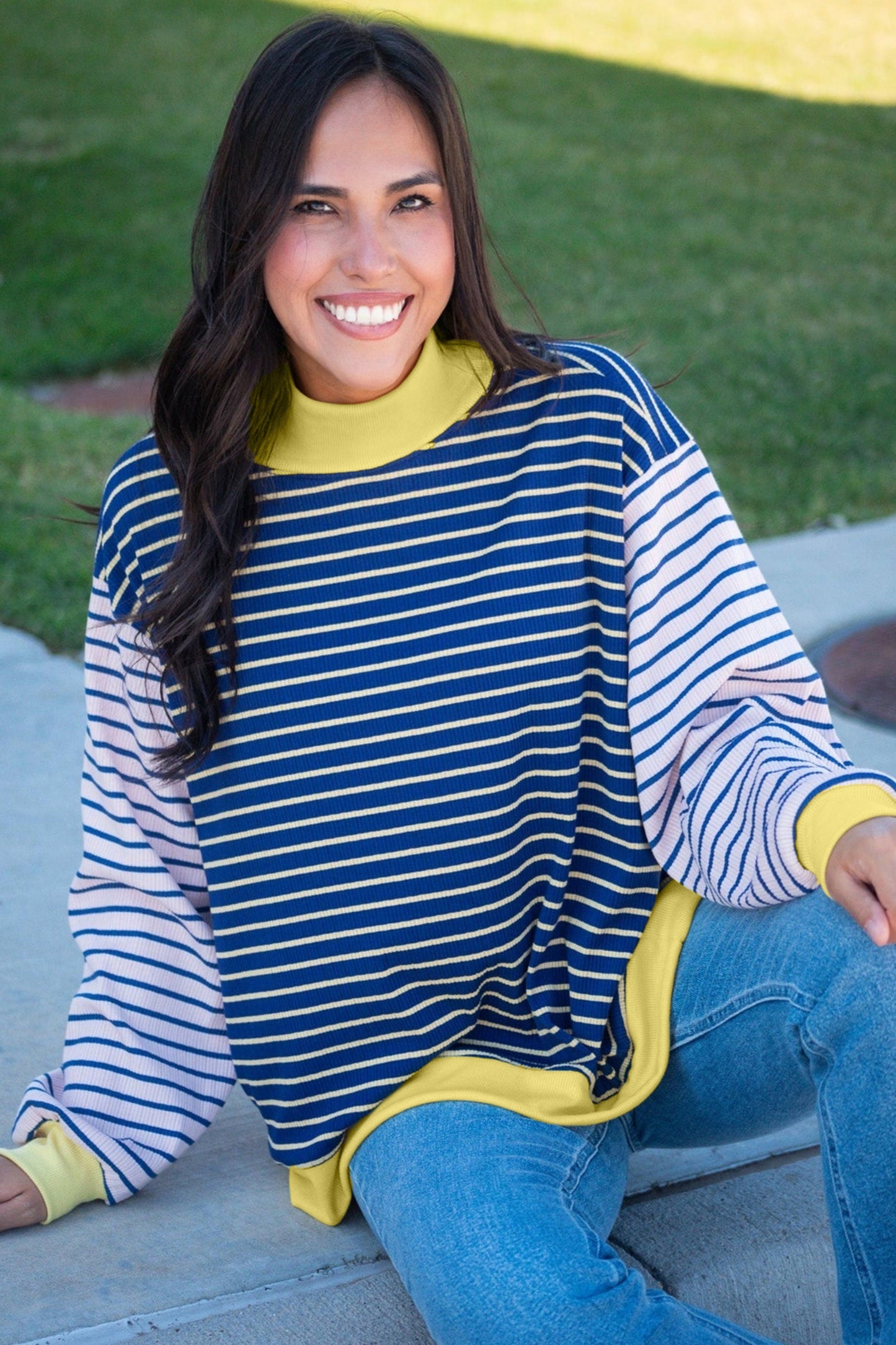 Blue Stripe Contrast Long Sleeve Crew Neck Pullover Top