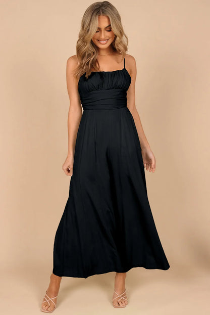 Black Spaghetti Straps Backless Knot Wide-Leg Jumpsuit - Chic Meadow Boutique 