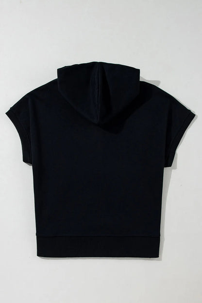 Black Half Zipper Kangaroo Pocket Short Sleeve Hoodie - Chic Meadow Boutique 