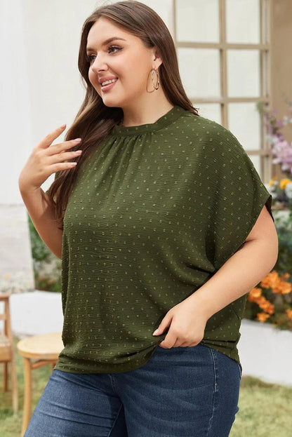 Plus Size/Plus Size Tops/Plus Size Blouses & Shirts Moss Green Plus Size Swiss Dot Mock Neck Tied Nape Top