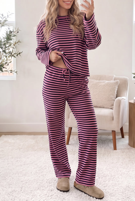 Pink Stripe Casual Long Sleeve Top Drawstring Pant Set