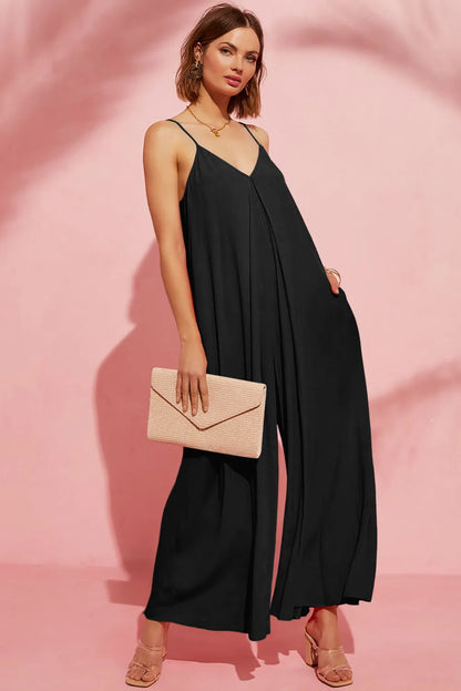 Black Adjustable Knotted Spaghetti Straps Wide Leg Jumpsuit - Chic Meadow Boutique 