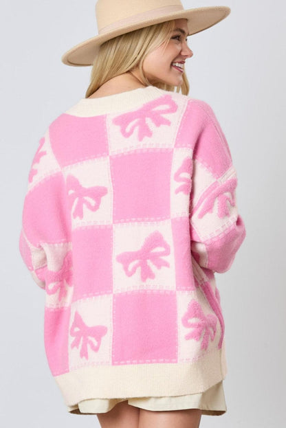 Sweaters & Cardigans/Cardigans Pink Bowknot Checkered Pattern V Neck Drop Shoulder Button Up Cardigan