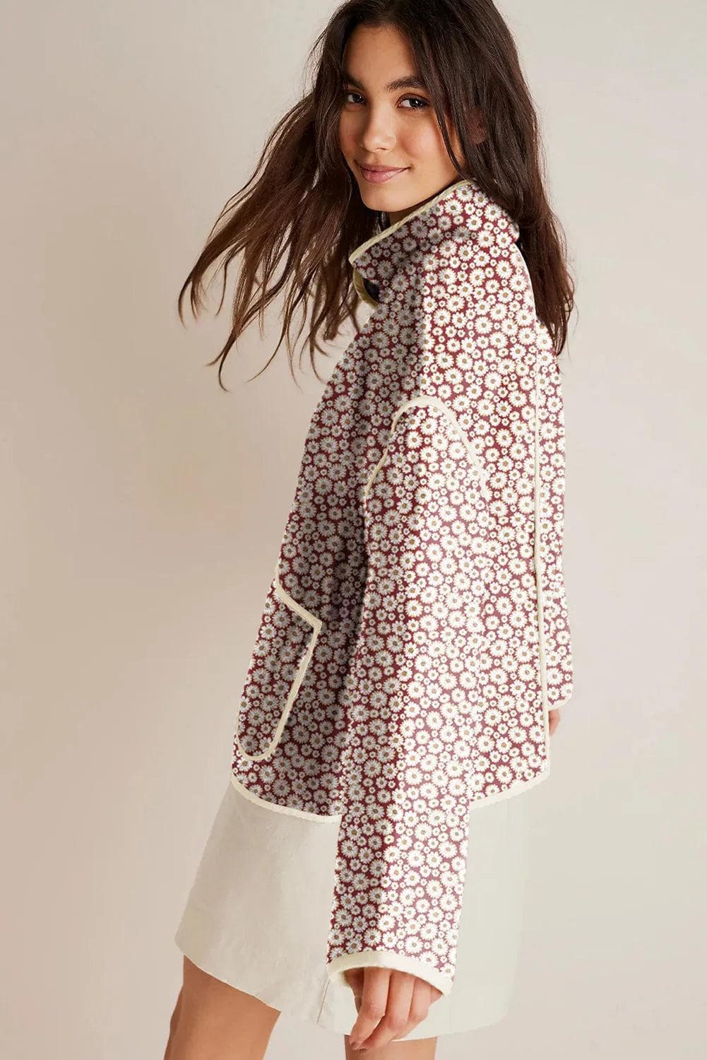 Outerwear/Coats Pink Floral Print Contrast Edge Stand Neck Coat