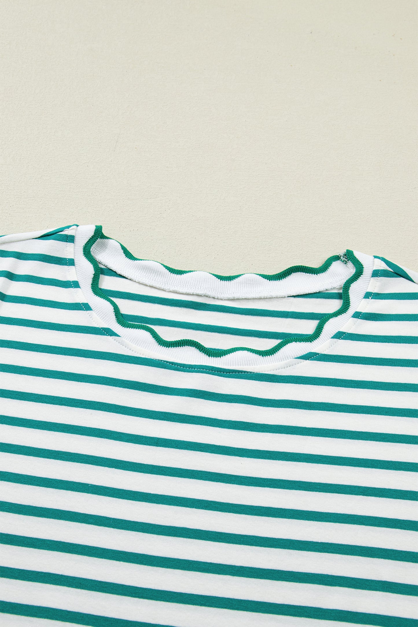 Green Stripe Scalloped Trim Round Neck T Shirt