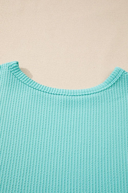 Tops/Long Sleeve Tops Aruba Blue Solid Color Corded Knit Round Neck Top