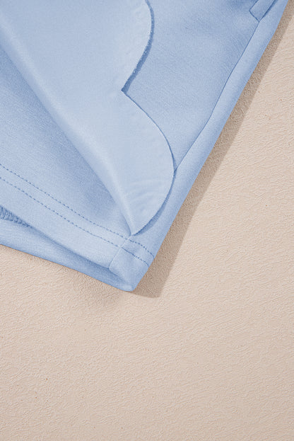 Beau Blue Puff Sleeve Pearl Embellished Scallop Trim Top 2 Piece Skort Set