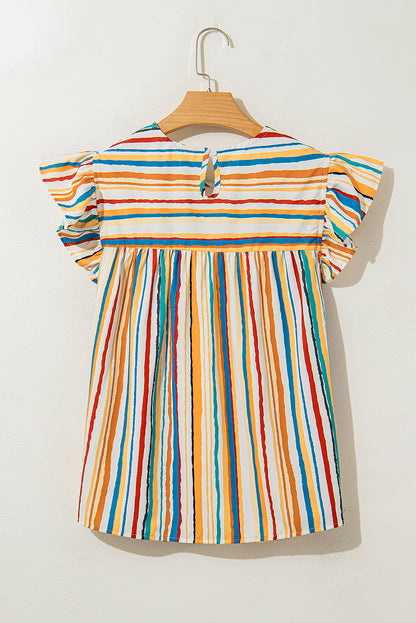 Multicolour Vibrant Stripes Printed Flutter Sleeve Babydoll Blouse