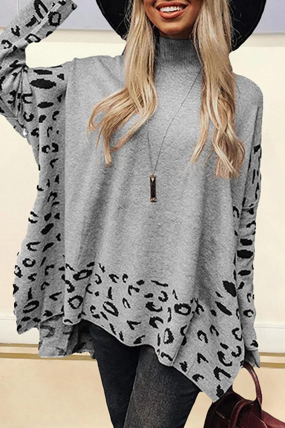 Sweaters & Cardigans/Sweaters Gray / S / 55%Acrylic+45%Cotton Gray Leopard High Neck Side Slit Oversized Sweater