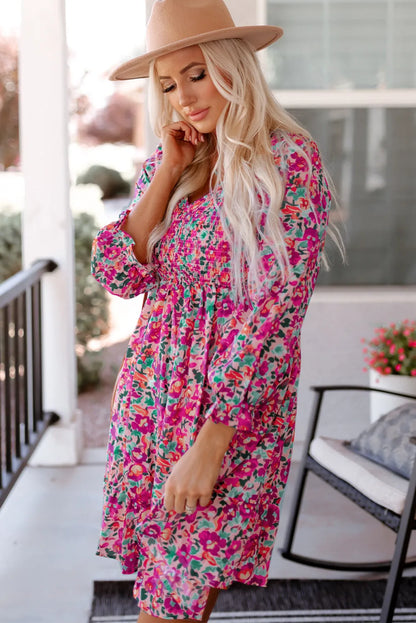 Purple Smocked V Neck Puffy Sleeve Floral Dress - Chic Meadow Boutique 