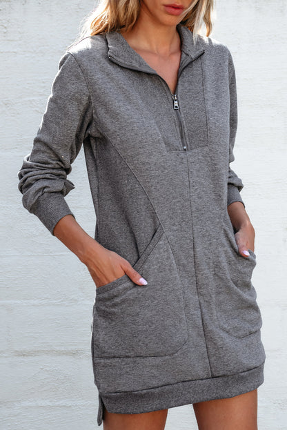 Dark Grey Zip up Collared Ribbed Patchwork Sweatshirt Dress with Pockets