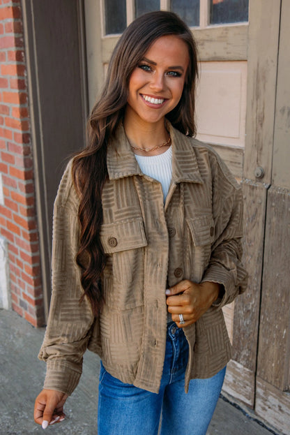 Dark Khaki Textured Chest Pocket Button-up Shacket - Chic Meadow Boutique 