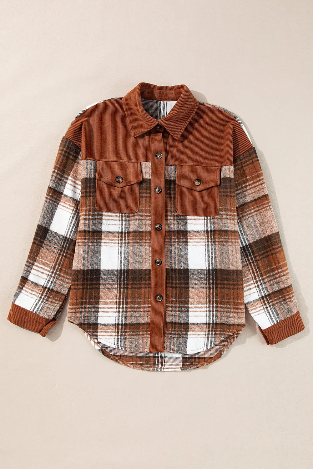 Cinnamon Plaid Corduroy Patchwork Chest Pocket Shacket - Chic Meadow Boutique 