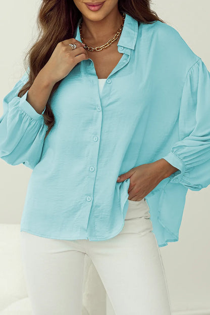 Iceland Blue Solid Puff Sleeve Loose Fit Buttoned Shirt - Chic Meadow Boutique 