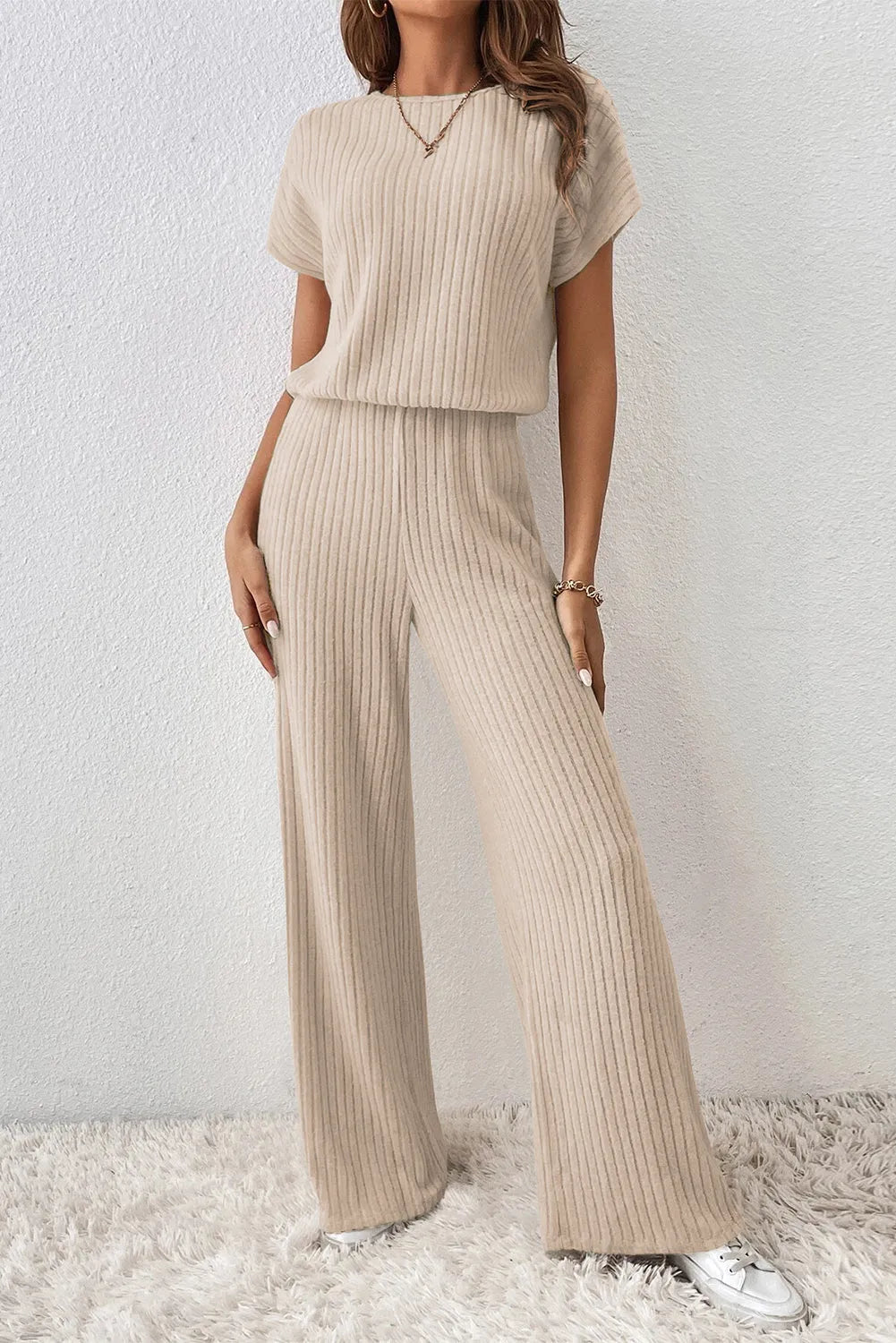 Parchment Solid Color Ribbed Short Sleeve Wide Leg Jumpsuit - Chic Meadow Boutique 