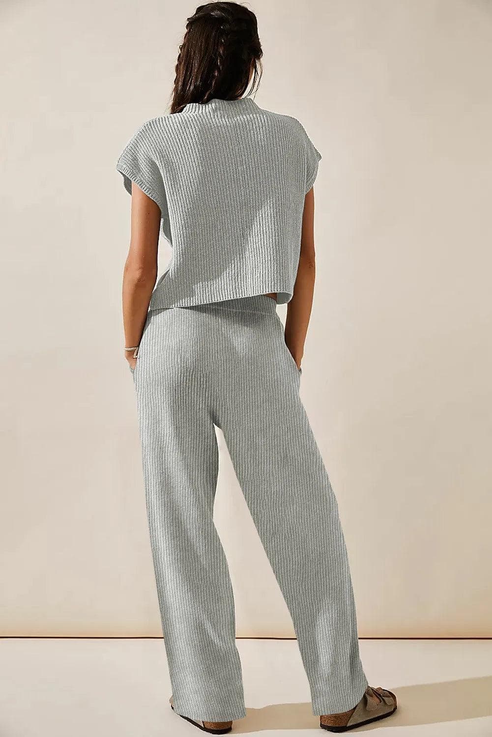 Two Piece Sets/Pant Sets Gray Knitted V Neck Sweater and Casual Pants Set