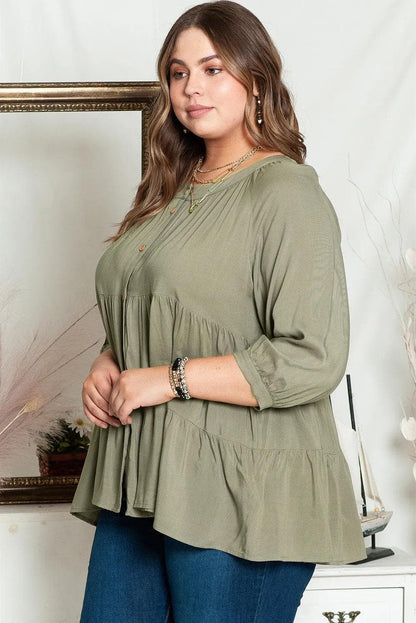 Plus Size/Plus Size Tops/Plus Size Blouses & Shirts Green Plus Size Ruffle Tiered Split Neck Shirt