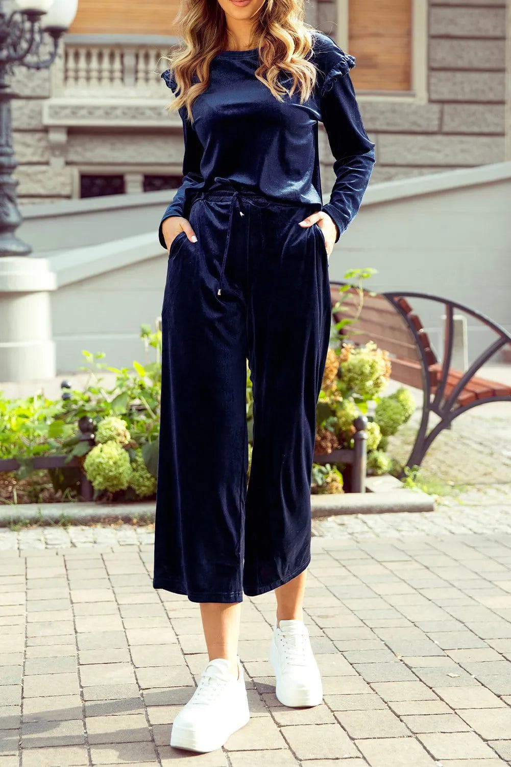 Two Piece Sets/Pant Sets Navy Blue Solid Velvet Ruffled Two Piece Pants Set