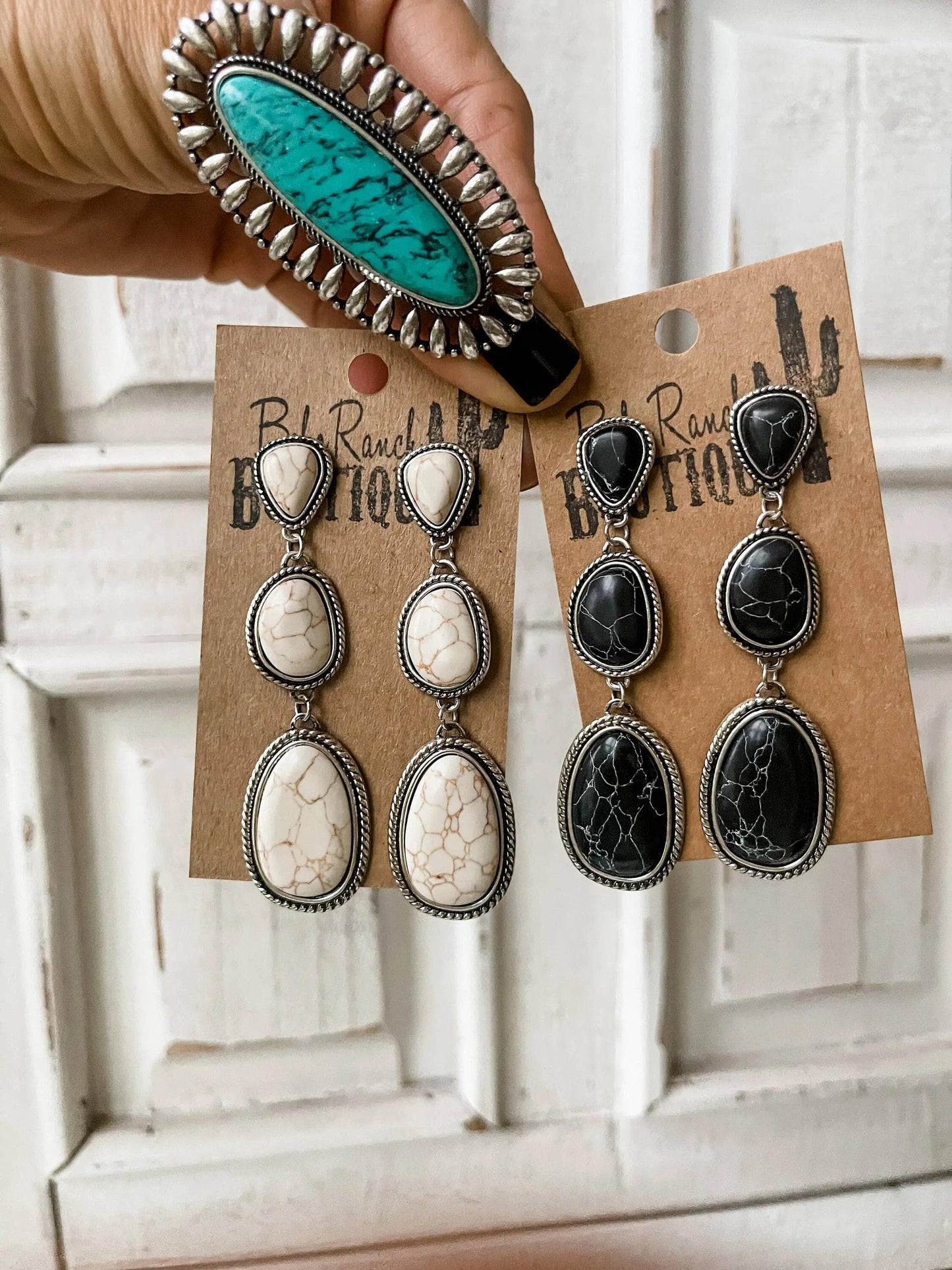 Metal Stone Drop Earrings 3 Tier - Chic Meadow Boutique 