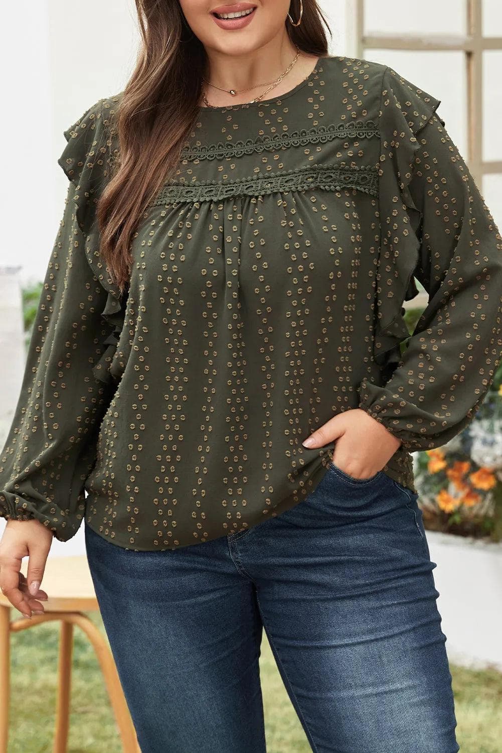 Plus Size/Plus Size Tops/Plus Size Blouses & Shirts Mist Green Plus Lace Swiss Dot Ruffle Long Sleeve Top