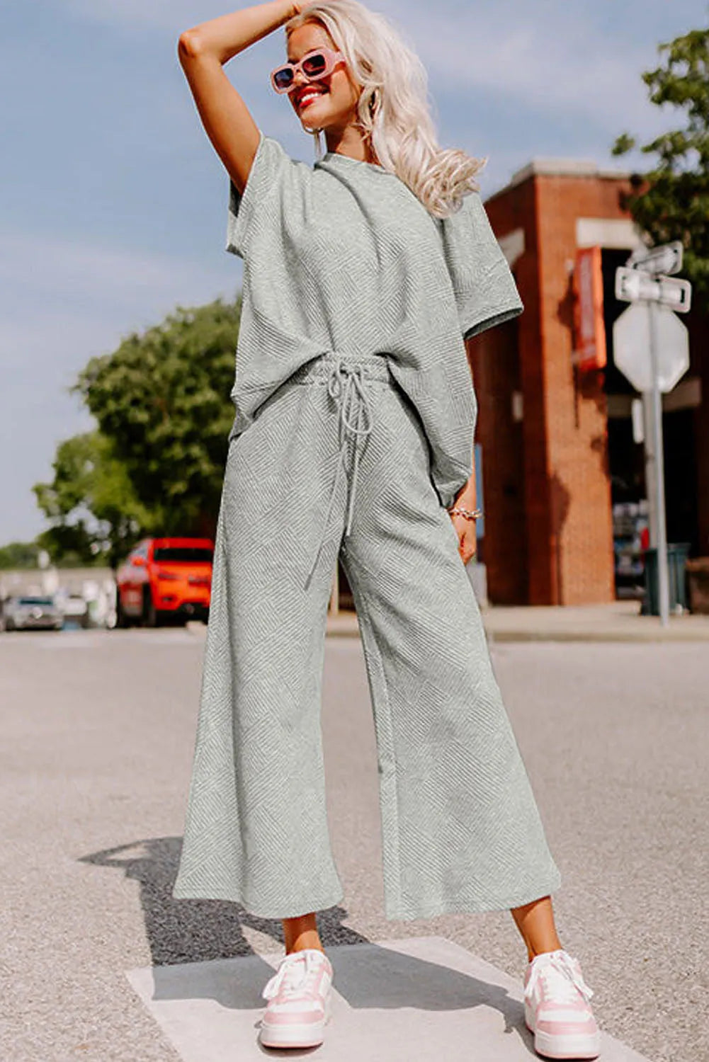 Gray Textured Loose Fit T Shirt and Drawstring Pants Set - Chic Meadow Boutique 