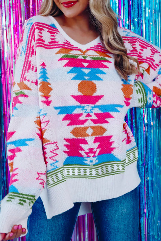 White Oversize Aztec Print High Low V Neck Sweater - Chic Meadow Boutique 